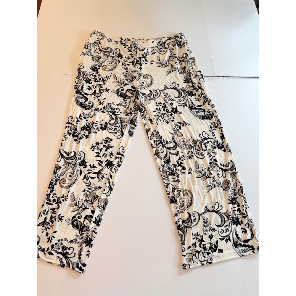 Susan Graver Liquid Knit Wide Leg Pants Black White Paisley Floral Plus 1X